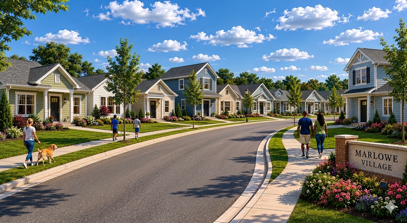 Artist's rendering of Marlowe Village, a neighborhood of craftsman-style homes along a tree-lined street